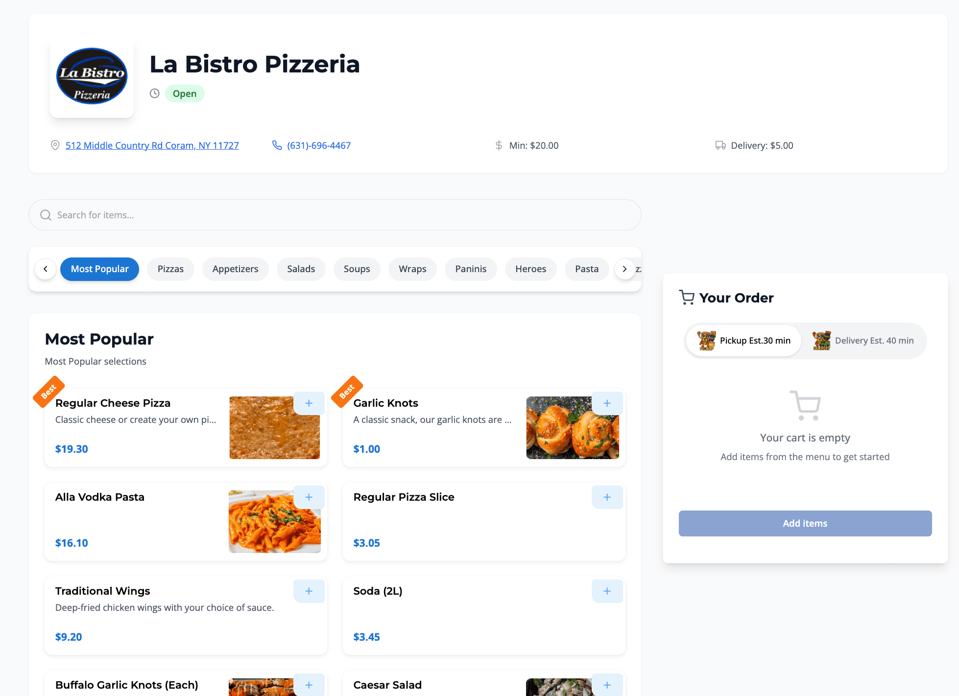 Customer ordering interface