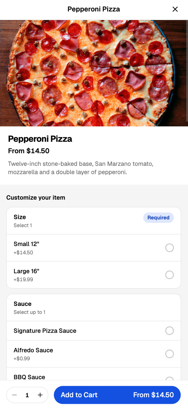 The ordering app on a phone